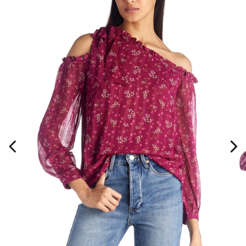 NWT CeCe Burgandy Floral Cold Shoulder Top, Size XS